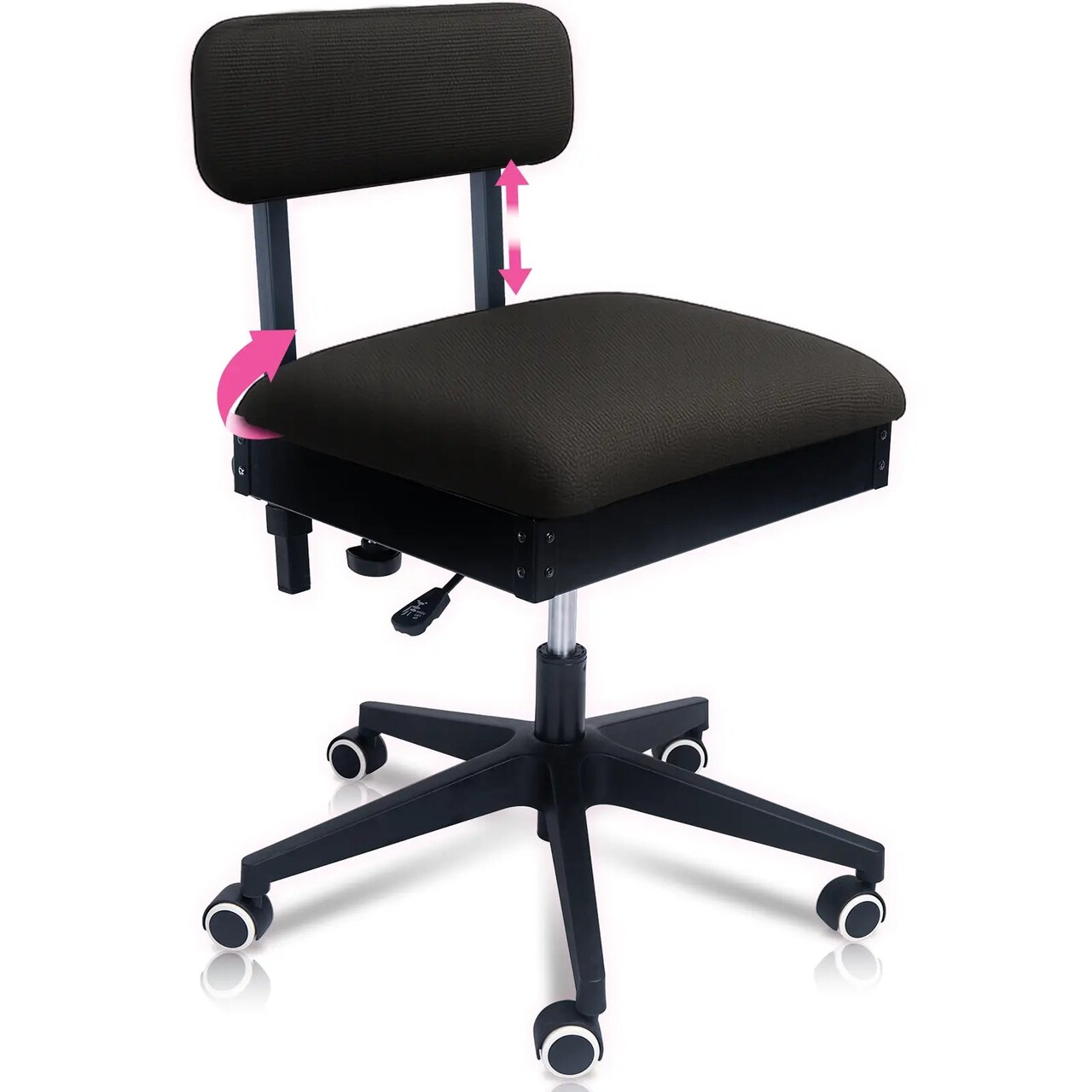 Pink Power Black Sewing Chair with Wheels and Adjustable Back Support - Hydraulic Armless Sewing Machine Chair for Crafting, Quilting - Room Furniture -Ergonomically Designed Professional Craft Chair